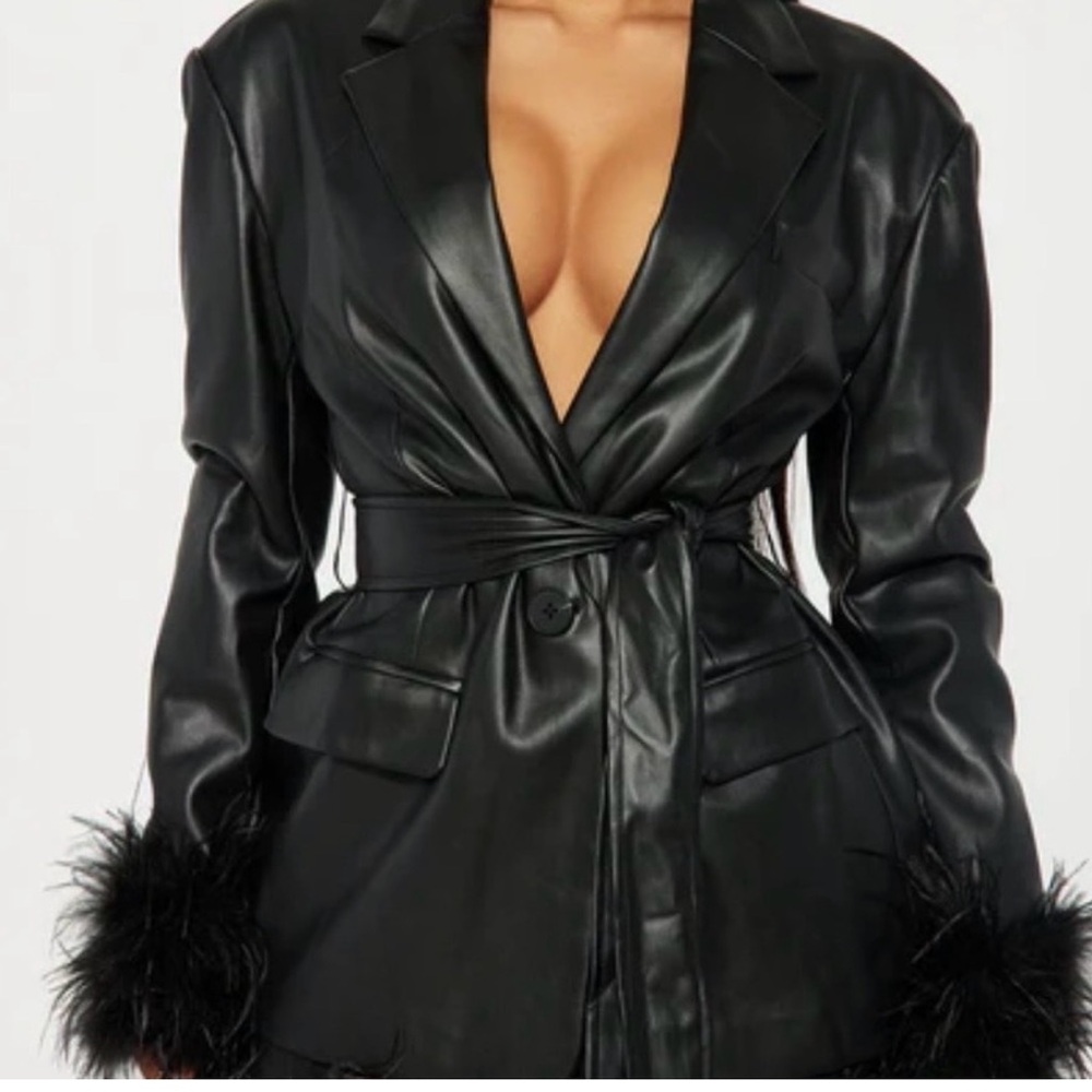 Fashion Nova Black Faux Leather Blazer with Feather Cuffs